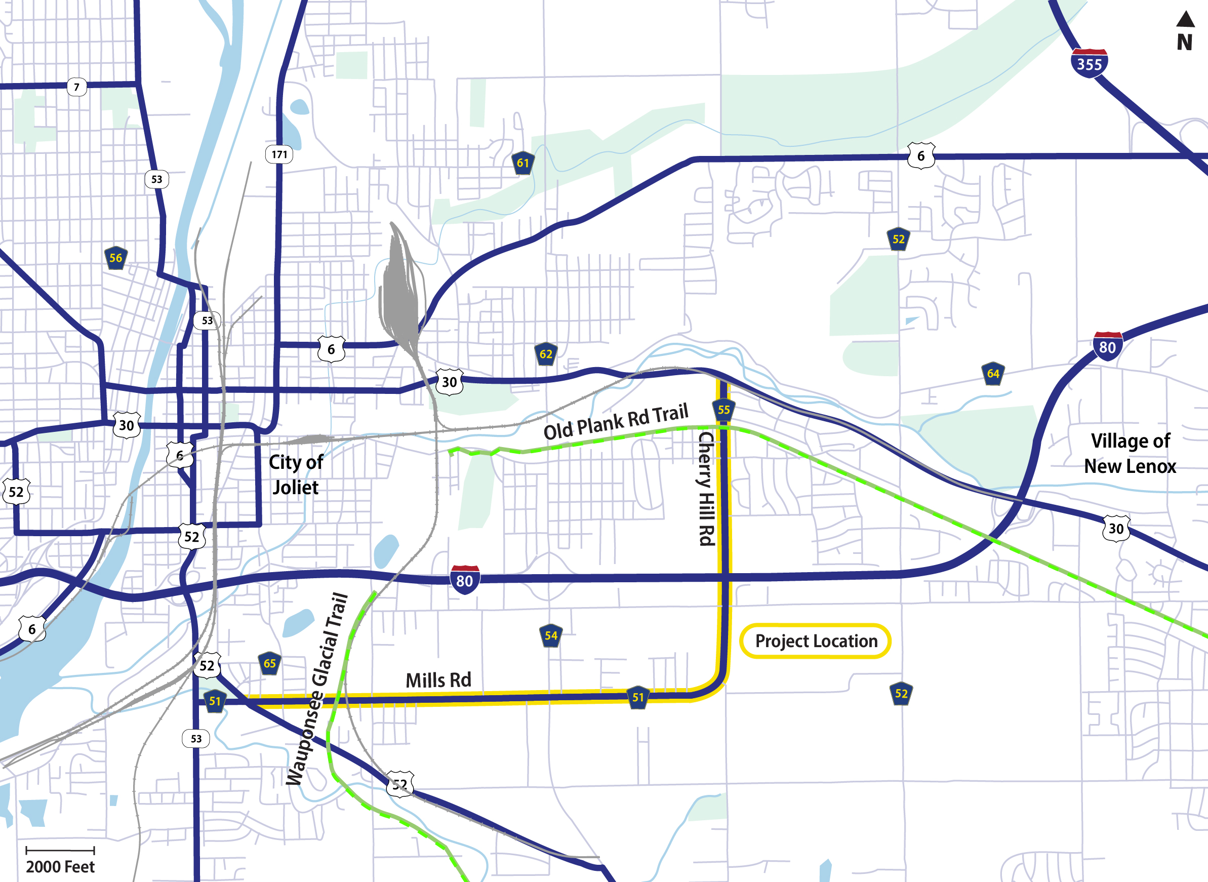 Mapa de localización del proyecto destacando Mills y Cherry Hill Road